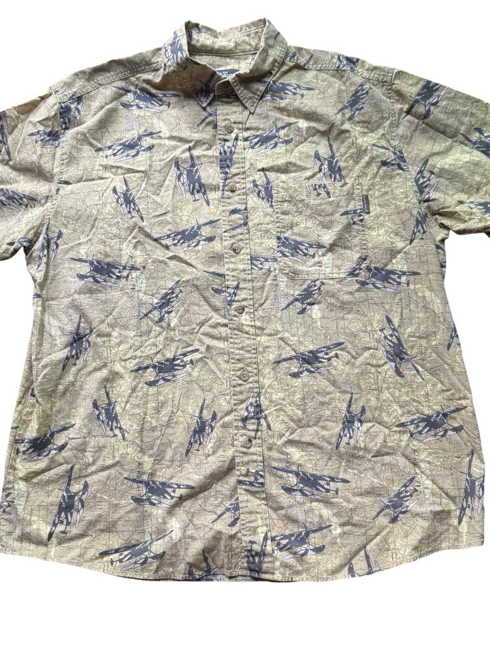 Woolrich Casual Short-Sleeve Button-Up Shirt yellow and grey with plane graphic
